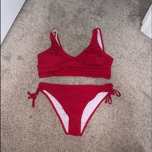 red swim suit
